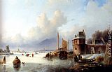 Jan Jacob Coenraad Spohler A Winter Landscape With Numerous Skaters On A Frozen Waterway, Dordrecht In The Distance painting